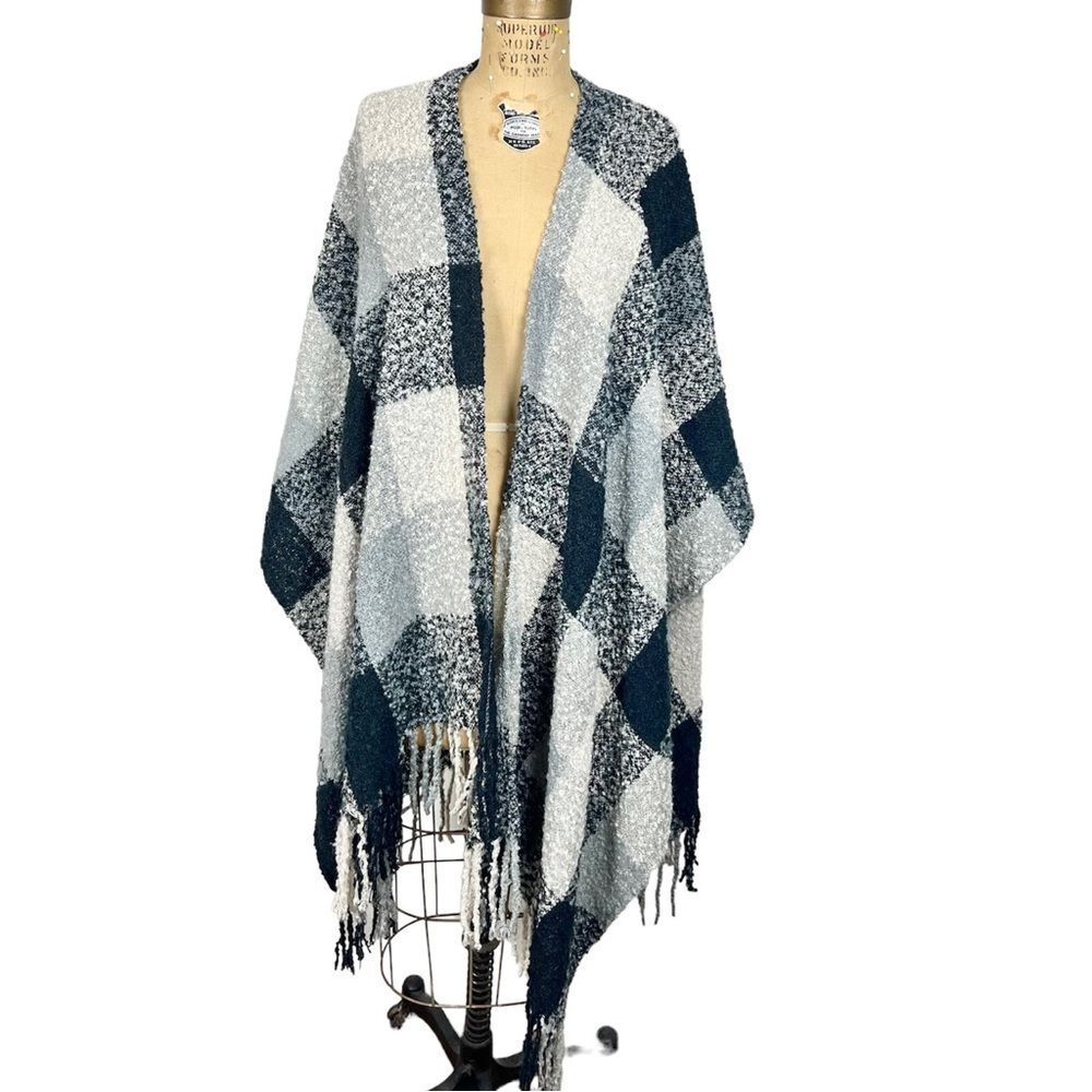 Woolrich Buffalo Plaid Black and White Scarf Kimono with Fringe